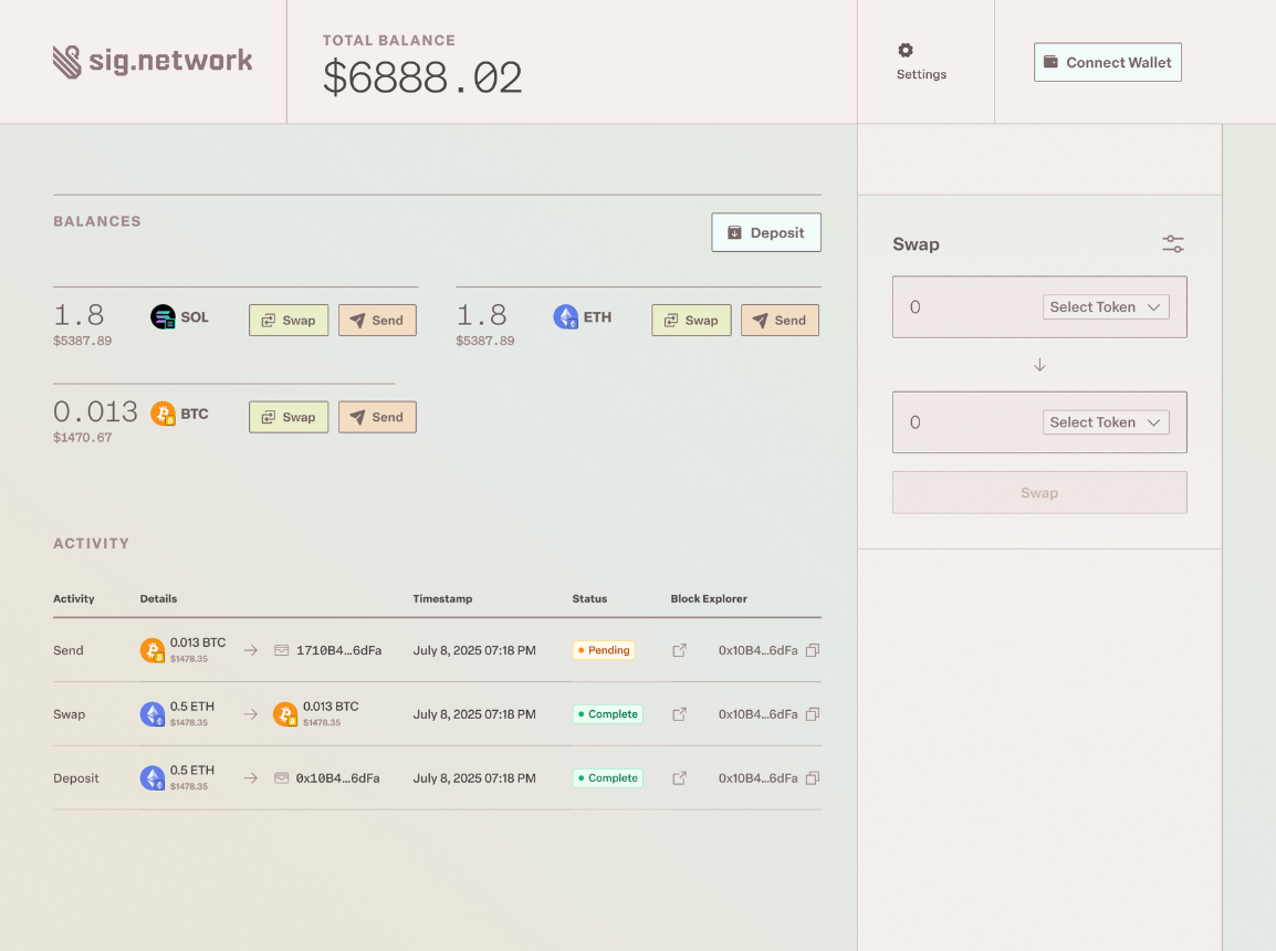 The Sig.Network demo app: balances in ETH, SOL and BTC, a swap panel and an activity list of deposits, swaps and sends